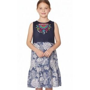 Desigual Kids Girls 13/14 Shift Dress Blue Floral Cotton Sequined Sleeveless